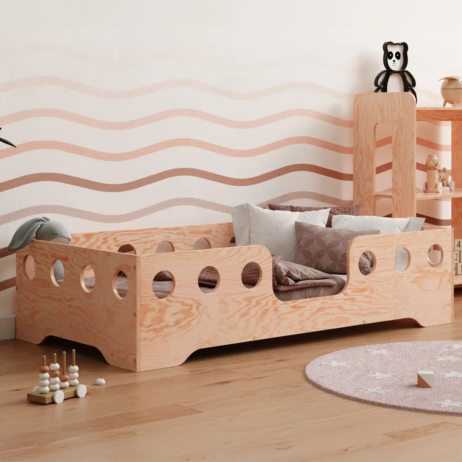 Einzelbett für Kinder mit Rausfallschutz und Lattenrost TILA 4 Montessori Holz