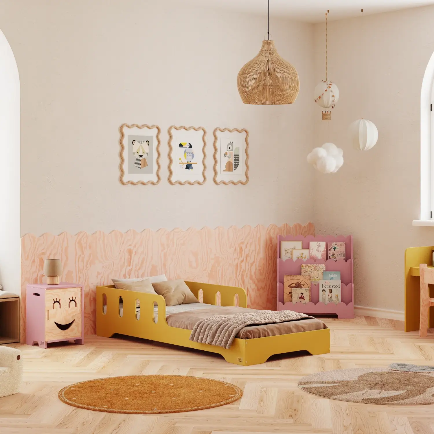 Einzelbett für Kinder mit Rausfallschutz und Lattenrost TILA 6 Montessori Holz