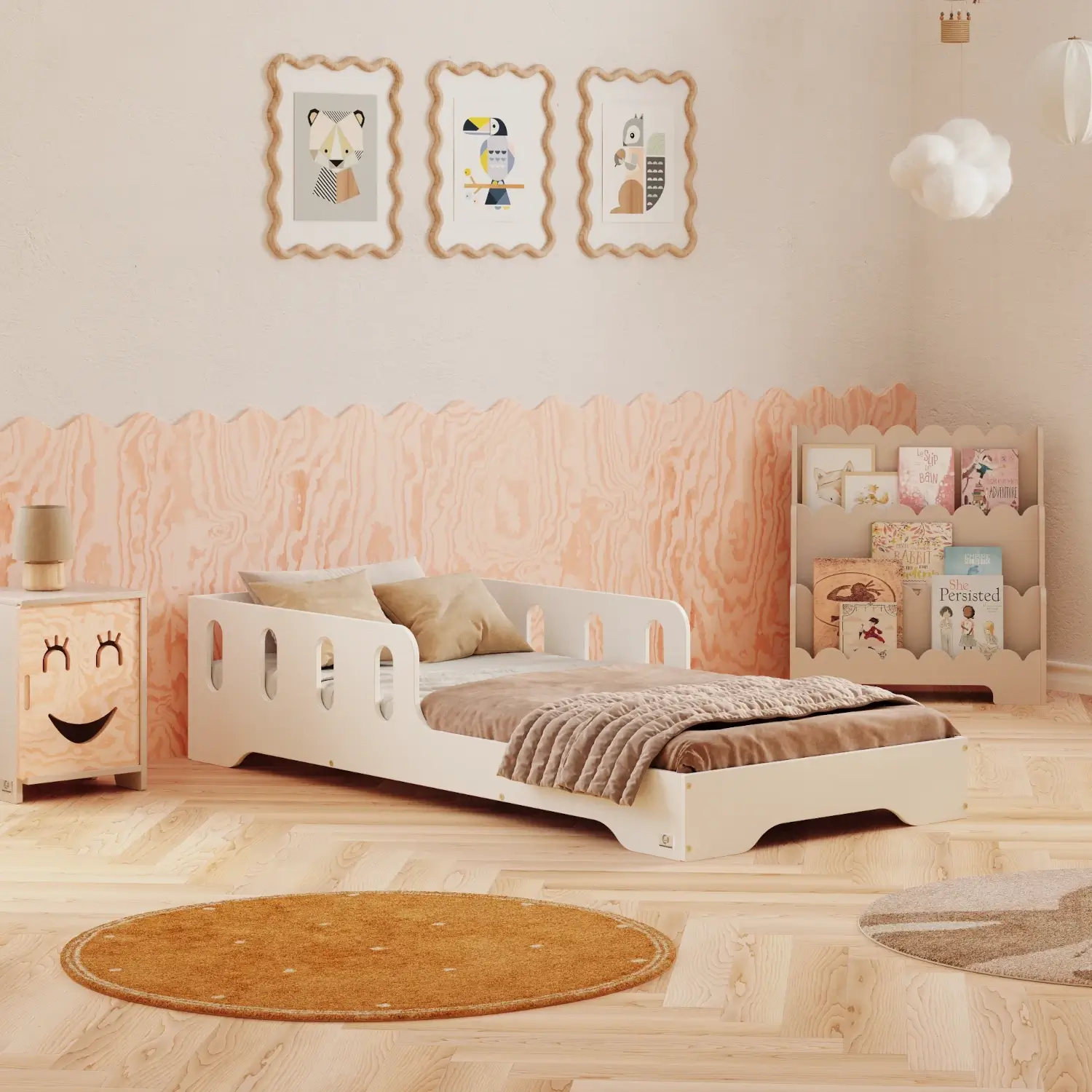 Einzelbett für Kinder mit Rausfallschutz und Lattenrost TILA 6 Montessori Holz Weiss