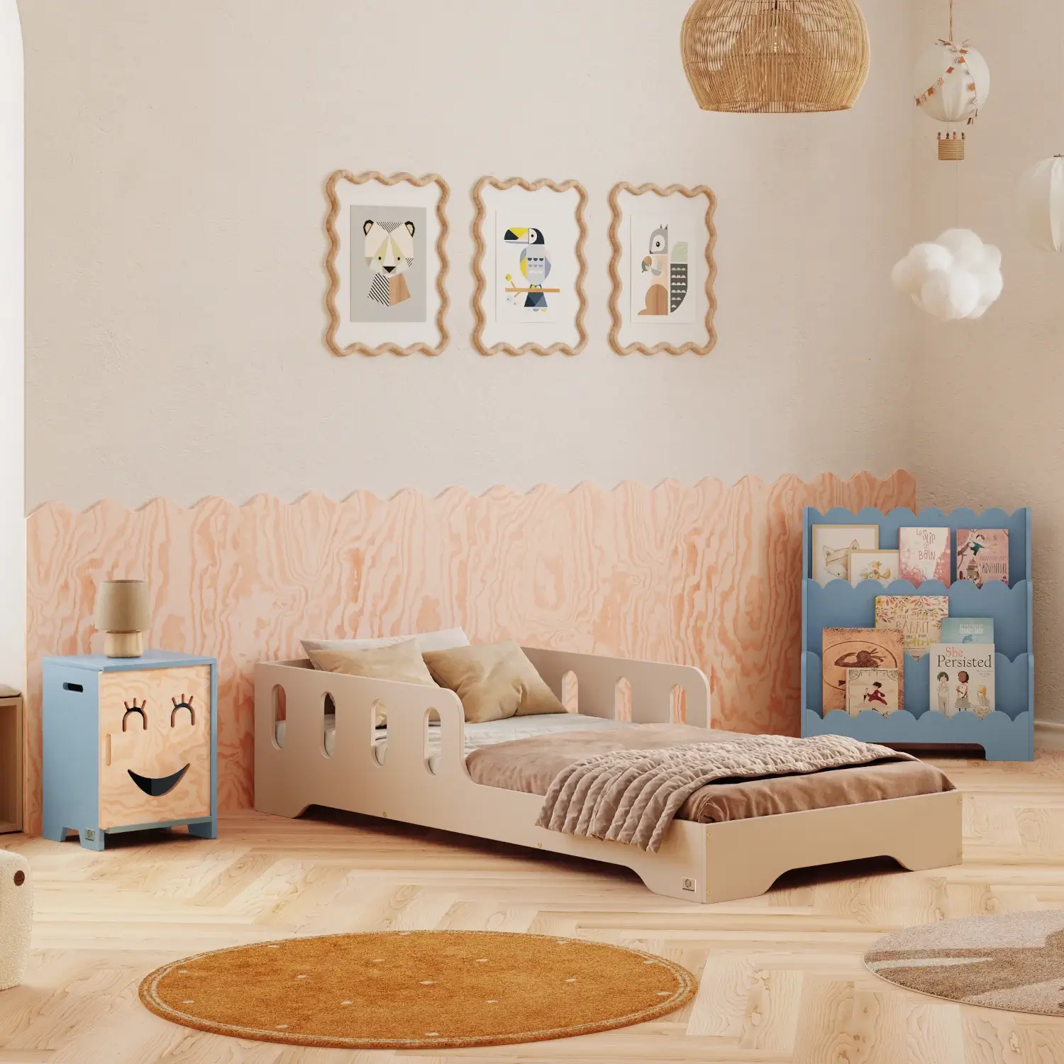 Einzelbett für Kinder mit Rausfallschutz und Lattenrost TILA 6 Montessori Holz Kaschmir