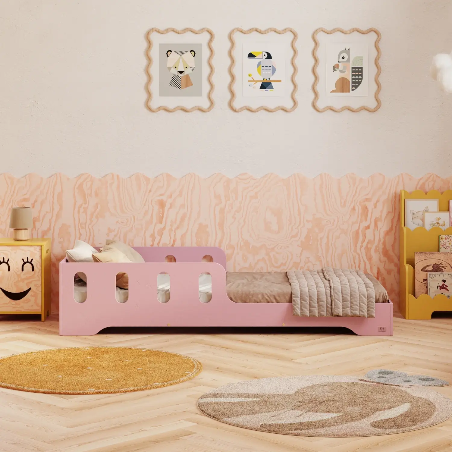 Einzelbett für Kinder mit Rausfallschutz und Lattenrost TILA 6 Montessori Holz Rosa