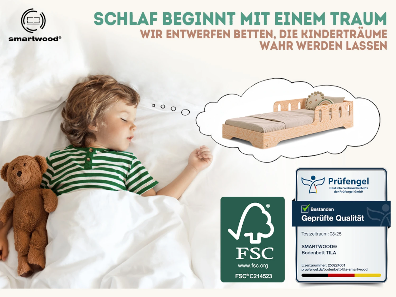 Einzelbett für Kinder mit Rausfallschutz und Lattenrost TILA 6 Montessori Holz