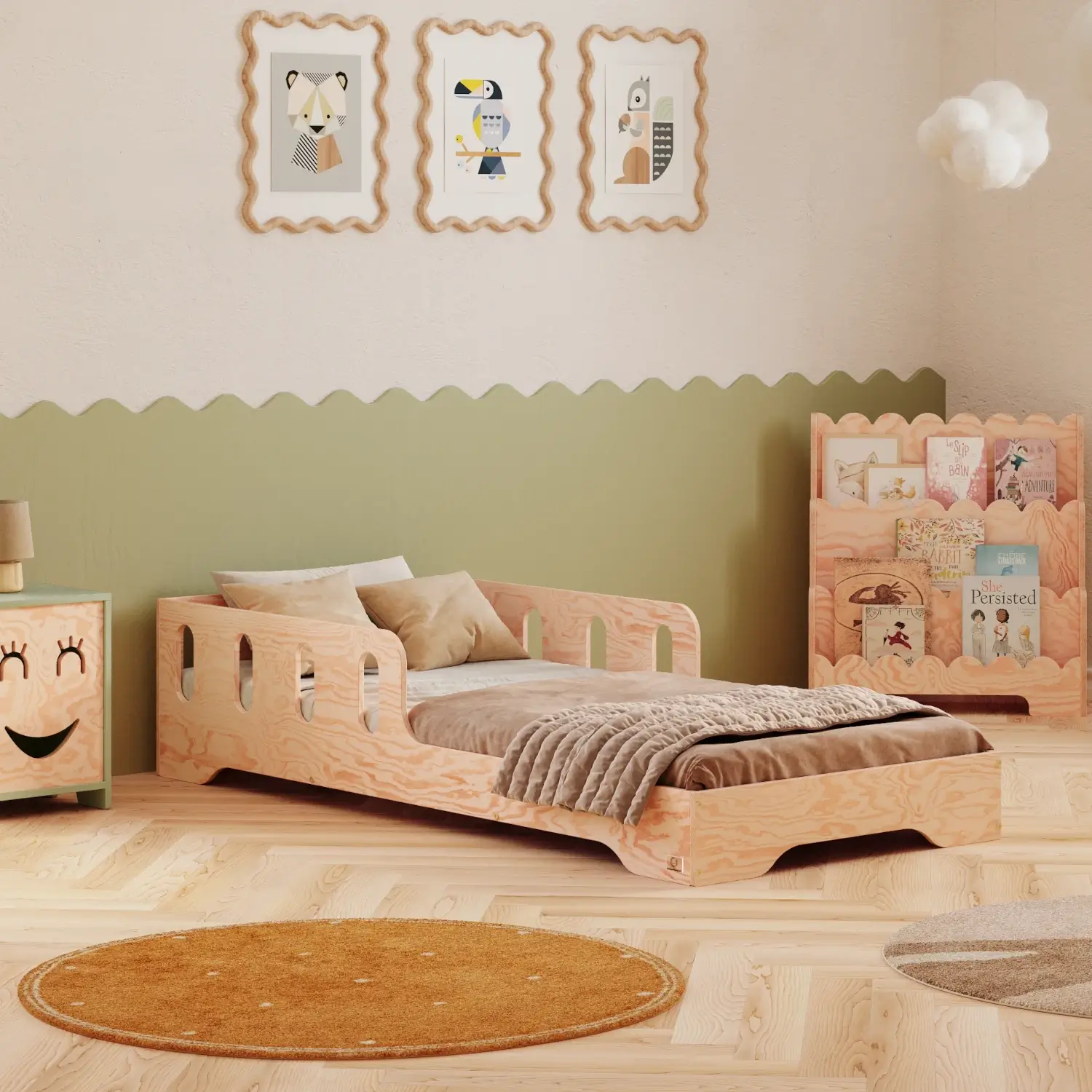 Einzelbett für Kinder mit Rausfallschutz und Lattenrost TILA 6 Montessori Holz