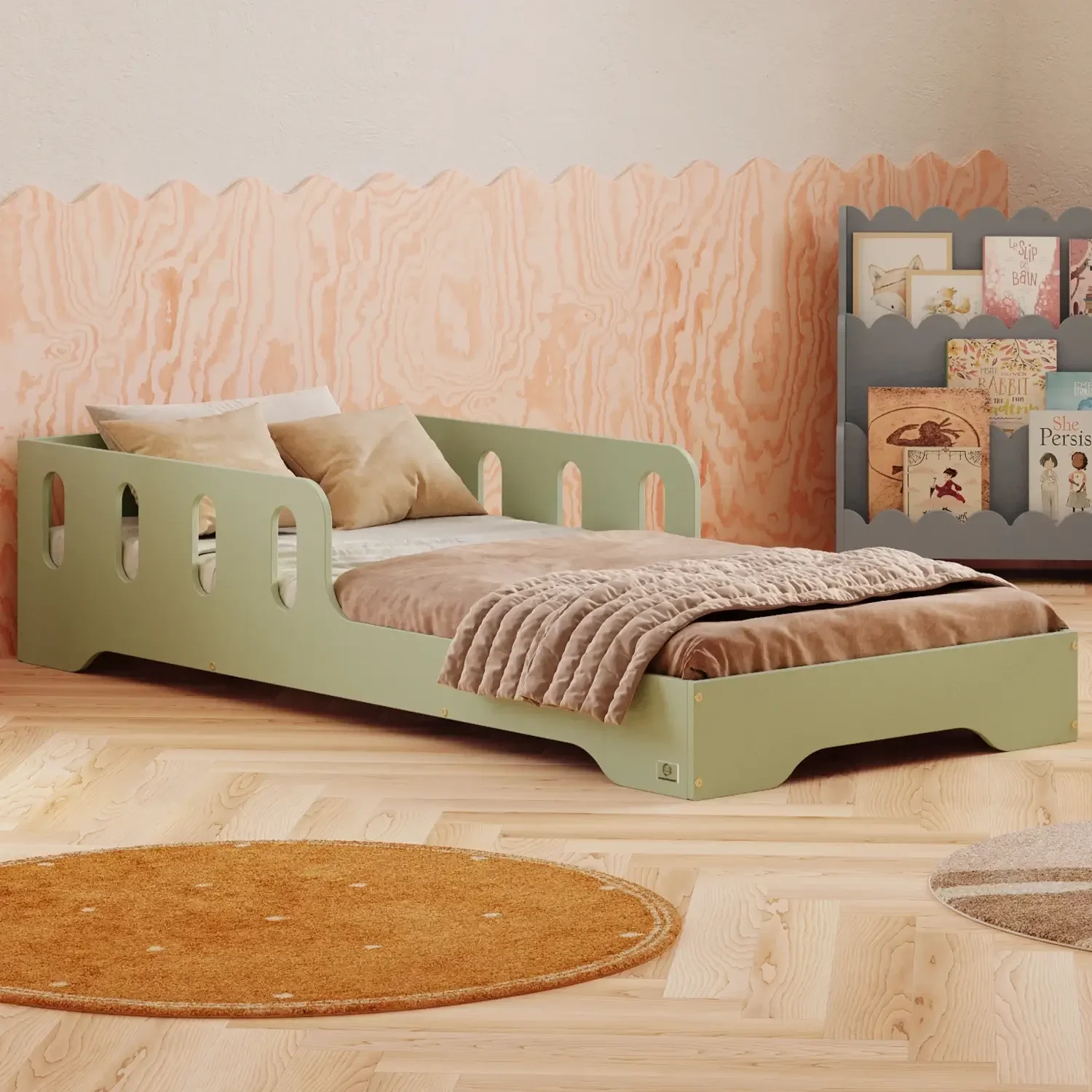 Einzelbett für Kinder mit Rausfallschutz und Lattenrost TILA 6 Montessori Holz