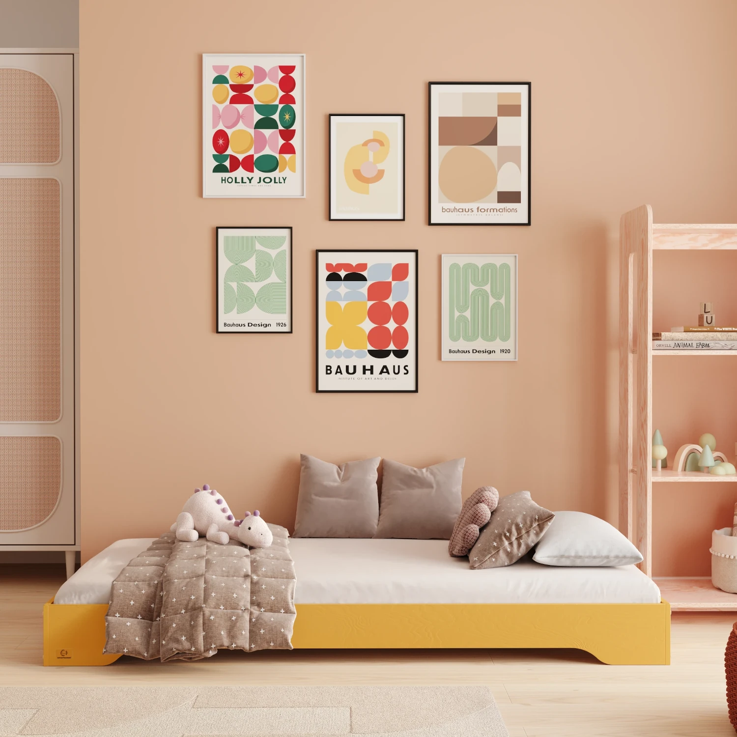 Bodenbett für Kinder mit Lattenrost TILA 7 Montessori Holz Senfgelb