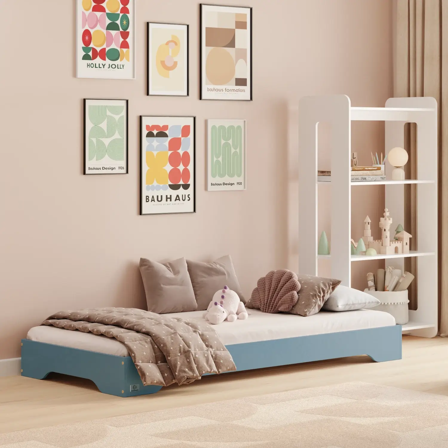 Bodenbett für Kinder mit Lattenrost TILA 7 Montessori Holz Blau