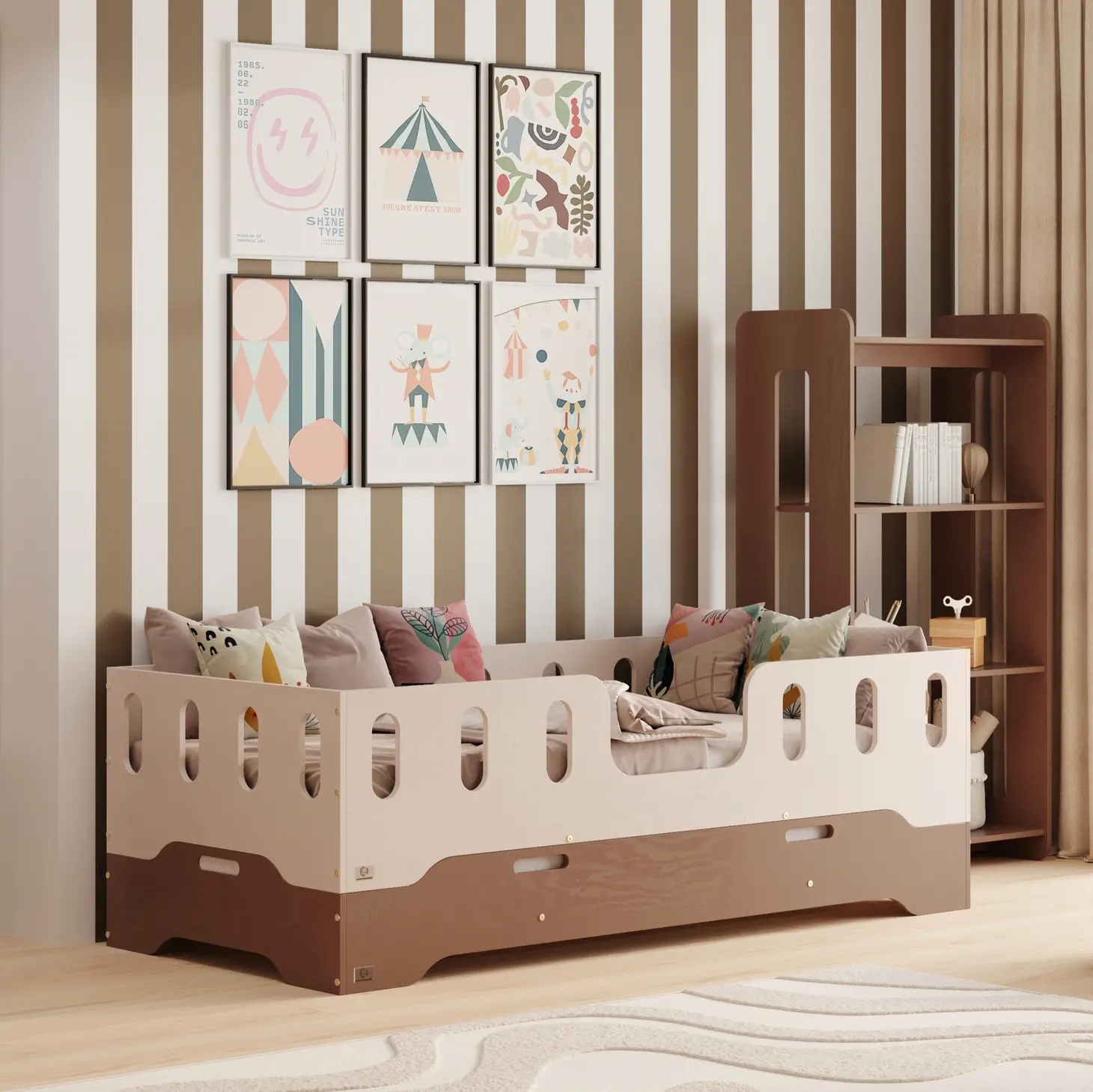 Bodenbett für Kinder mit Rausfallschutz und Lattenrost TILA 8 Montessori Holz Schokolade