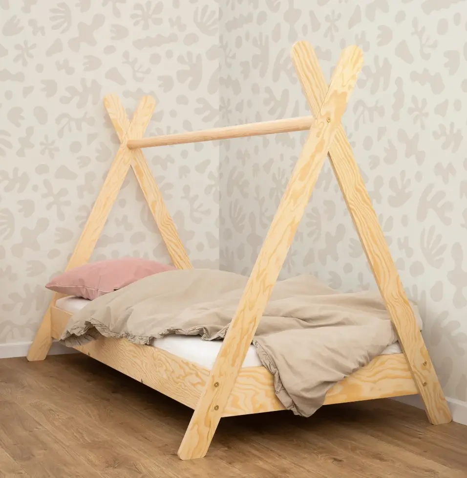 Hausbett für Kinder mit Rausfallschutz und Lattenrost TIPI Montessori Holz