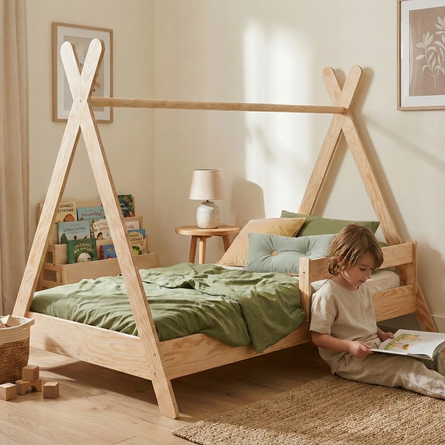 Hausbett für Kinder mit Rausfallschutz und Lattenrost TIPI Montessori Holz