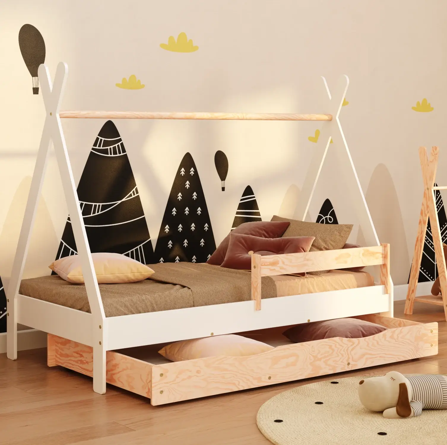 Hausbett für Kinder mit Schublade, Rausfallschutz und Lattenrost TIPI D Montessori Holz Weiss