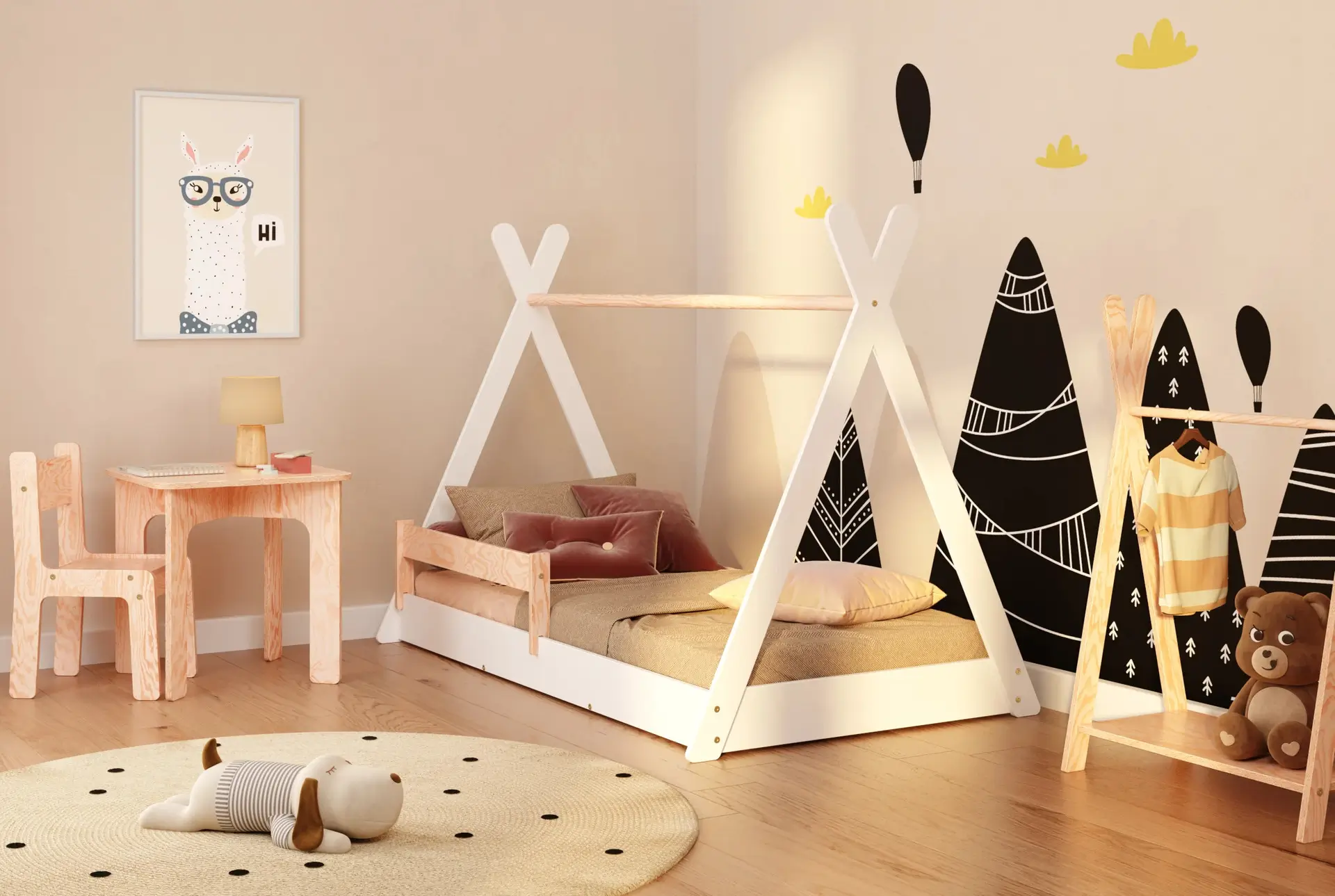 Hausbett für Kinder mit Rausfallschutz und Lattenrost TIPI F Montessori Holz Weiss