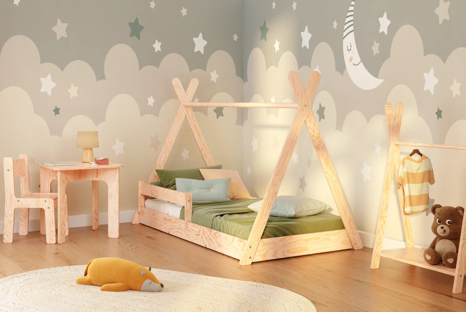 Hausbett für Kinder mit Rausfallschutz und Lattenrost TIPI F Montessori Holz