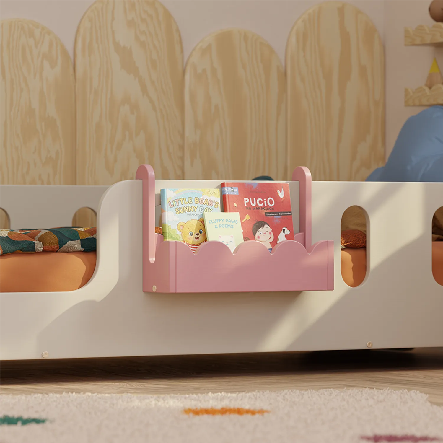 Das Hängeregal für Kinderbetten LULI Montessori aus Holz