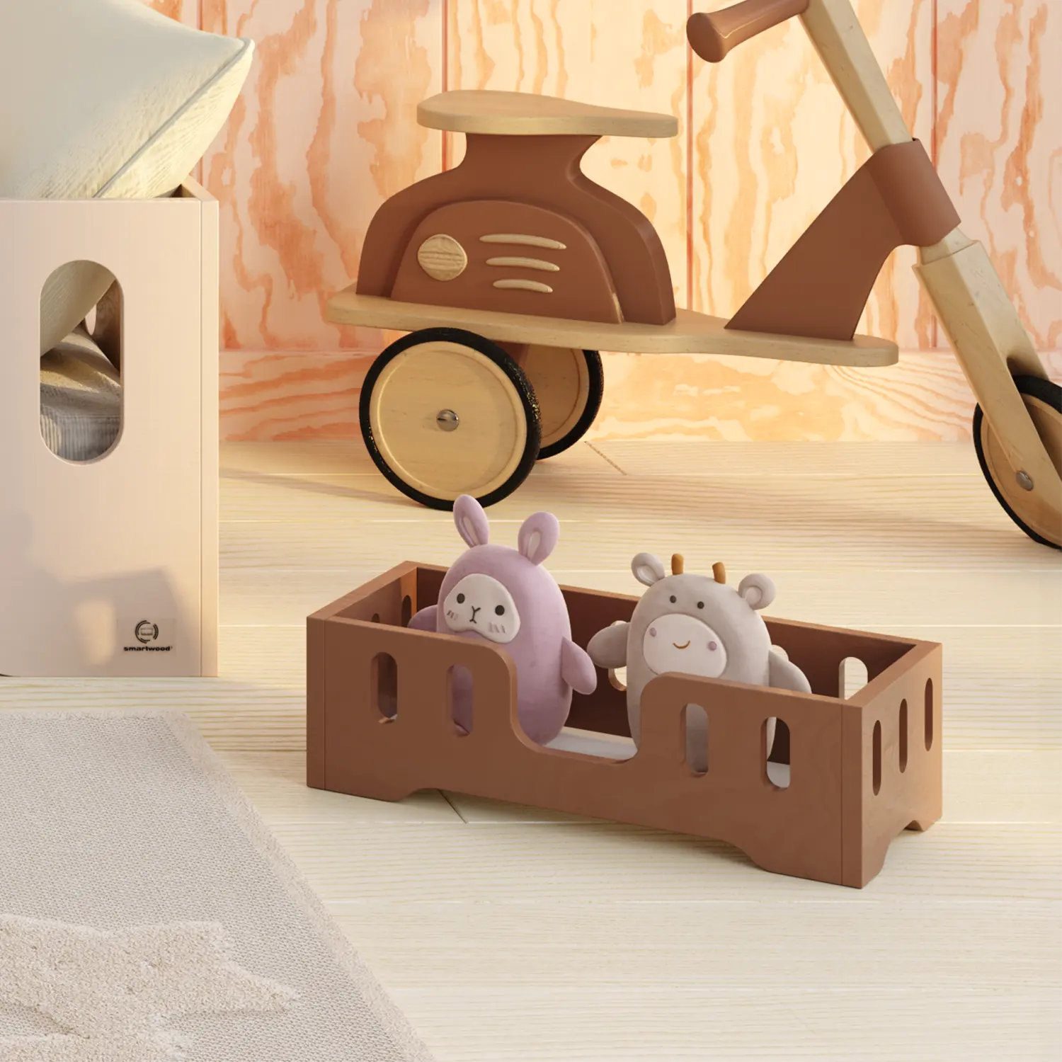 Ein Miniaturspielzeug, das das Bett Tila 2 darstellt.