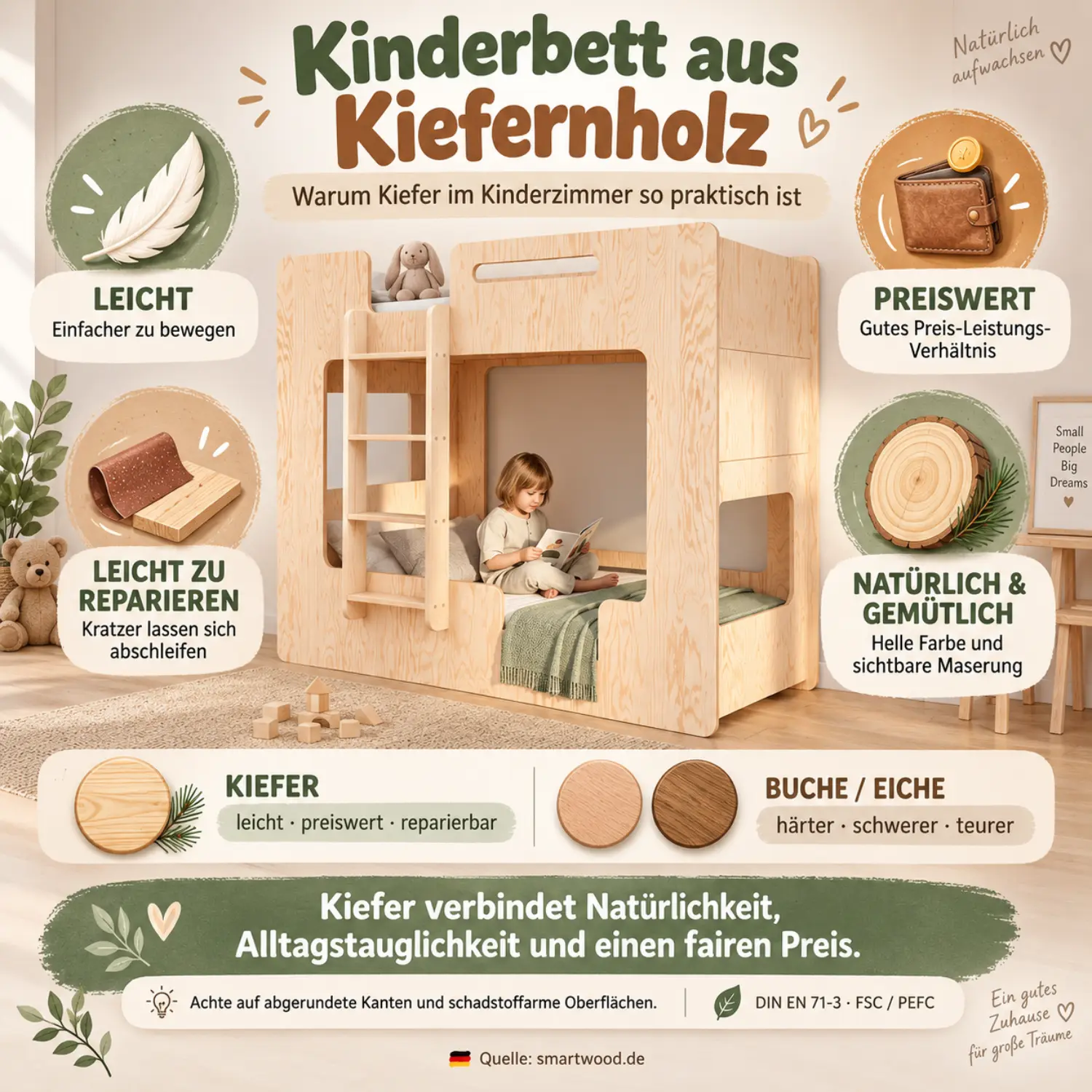 Infografik: Kinderbett aus Kiefernholz - leicht, preiswert, reparierbar und natürlich, mit Vergleich zu Buche und Eiche.