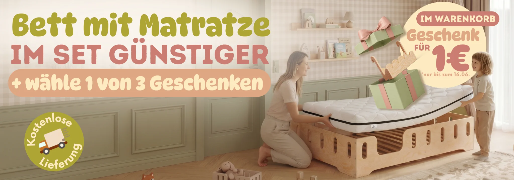 Mutter und Kind legen eine Matratze auf ein Kinderbett aus Holz von Smartwood; Werbegrafik für ein Set mit Matratze und Geschenken im Warenkorb.