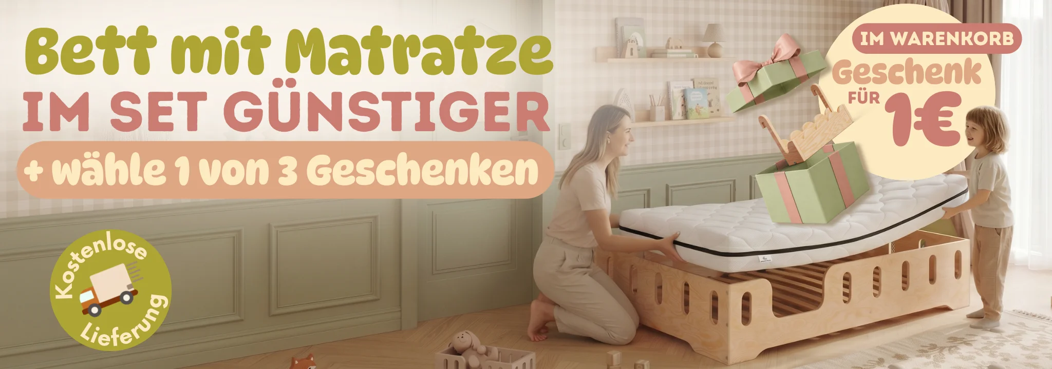 Mutter und Kind legen eine Matratze auf ein Kinderbett aus Holz von Smartwood; Werbegrafik für ein Set mit Matratze und Geschenken im Warenkorb.